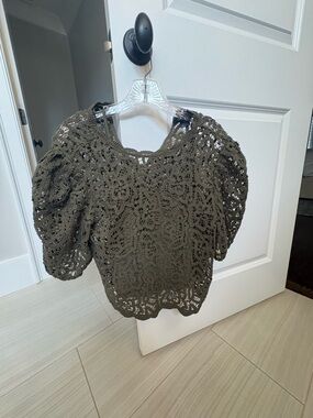 Women's Olive Lace Puff Sleeve Top NEW